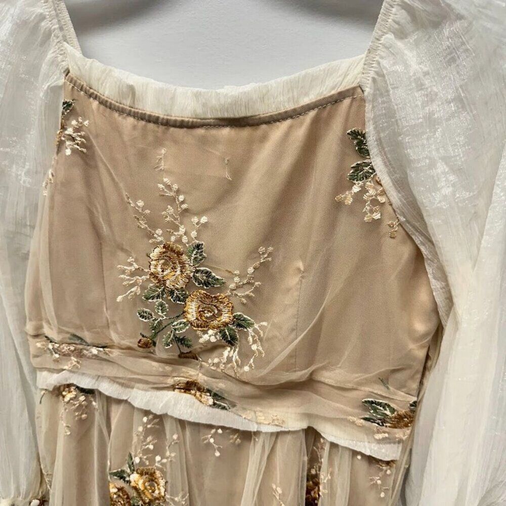 Maizishule Beige Floral Embroidered Midi Dress | Boho Sheer Long Sleeve Size L - Picture 5 of 16